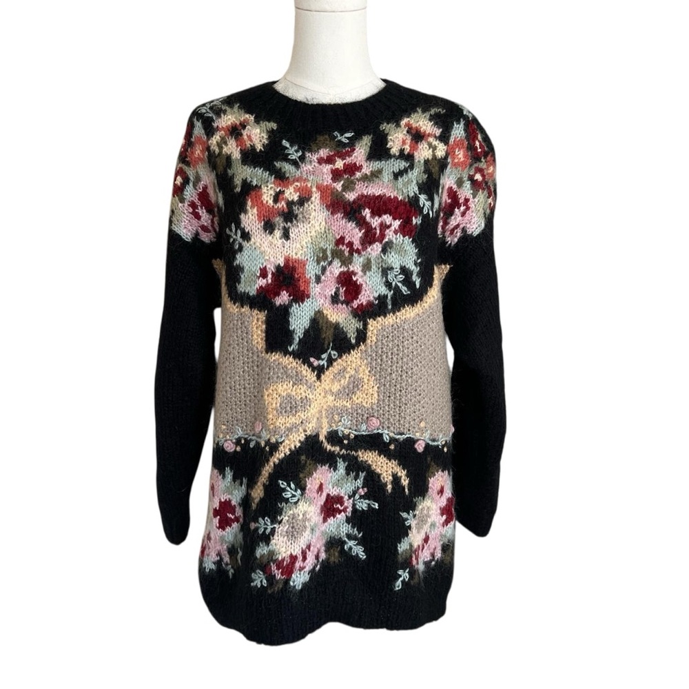 Elegant Floral Knit Sweater - Black and Multicolor